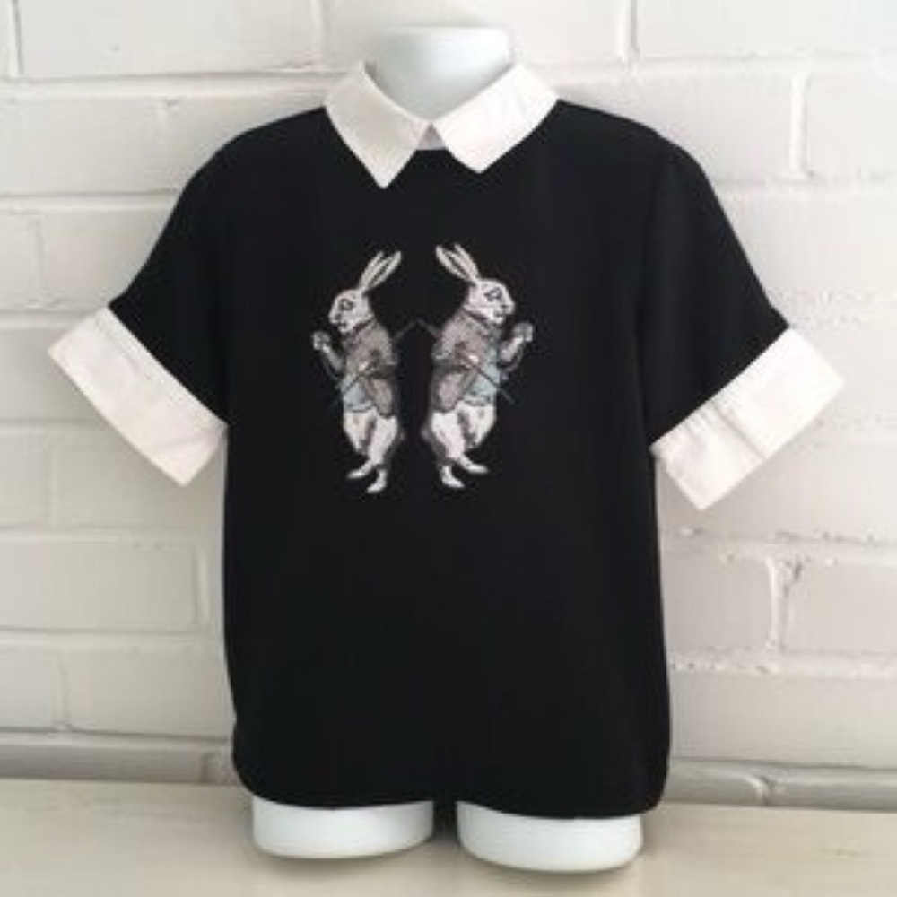 Victoria Beckham Black Tee with White Rabbit Design